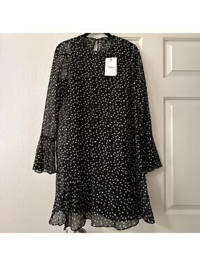 Theory Marah Black Starry Print Silk Mini Dress Sz 2 Sheer Ruffled Girly NWT